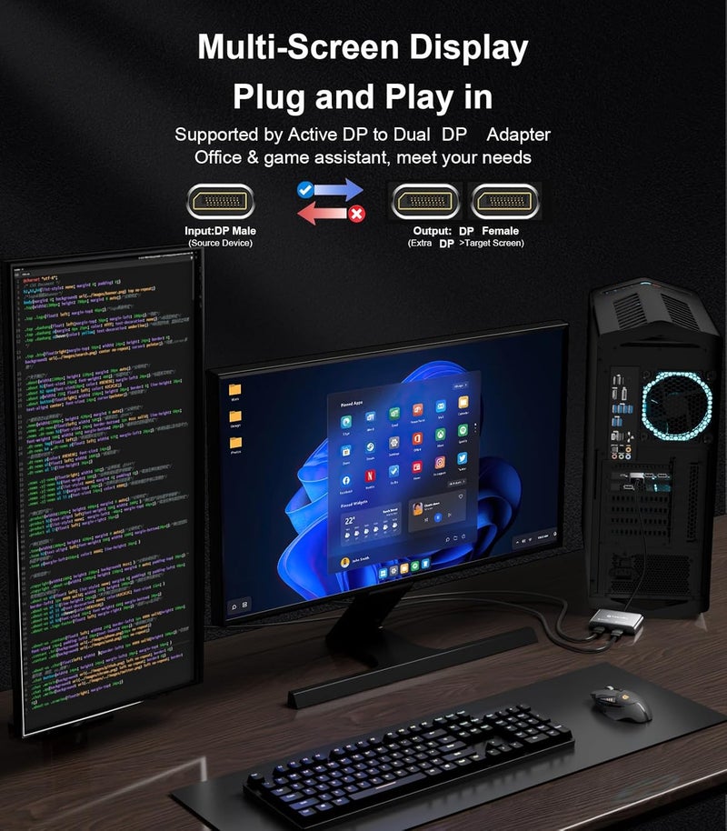 REBORN DisplayPort to Dual DisplayPort Splitter 4K@60Hz Display Port Splitter 1 in 2 Out for Dual Monitor Extended Display DP Source to 2 DP Adapter with PC, Graphics Card, Lenovo, HP and More - Image 3